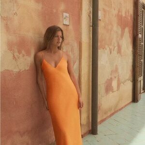 Zara Satin Orange Backless Midi Dress, size XS